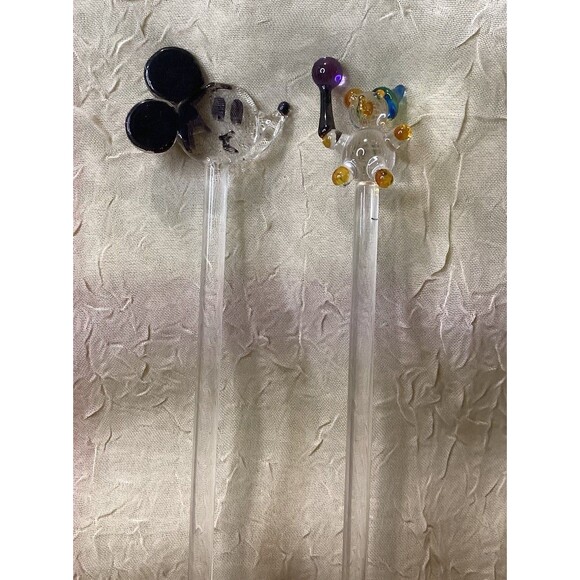 Vintage 2 Glass Swizzle Stick Drink Stirrers Mickey Mouse & A Cute Birthday Bear - Picture 1 of 11